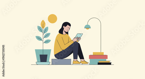 Young woman engrossed in reading a book while sitting comfortably.