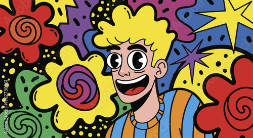 Young man with blonde hair and striped shirt smiling broadly.