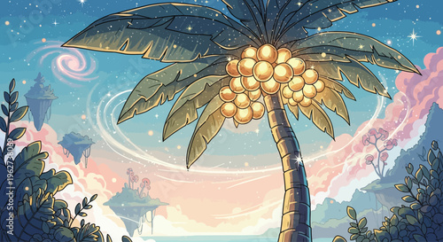 Palm tree with yellow fruits.