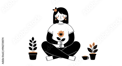 Young woman meditating with plants, embracing mindfulness and self-care.
