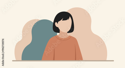 Young woman with bob haircut standing confidently in front of abstract figures.