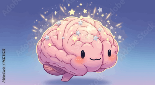 Smiling pink cartoon brain with sparkles.