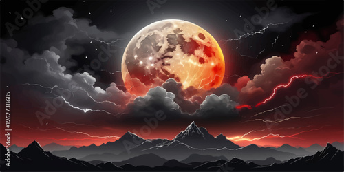 Sunrise over mountains and space under moonlit sky