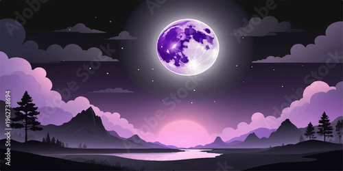 Night landscape under a full moon with stars over the ocean