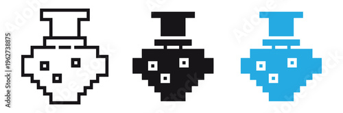 Pixel Art Potion Bottle Icon - Magic Elixir Flask, Retro Game Item, and Fantasy Alchemy Liquid Symbol. Vector Illustration.,Pixel art style pixelated bear face icons in white black and blue colors