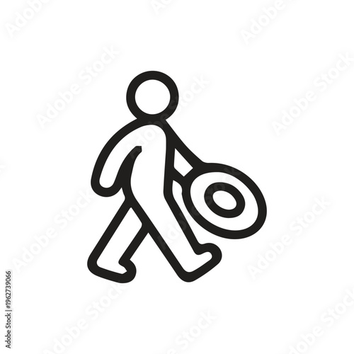 Minimalist Line Icon Of A Person Walking While Carrying A Round Wheel