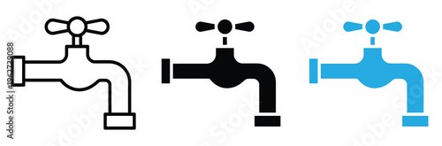 Three faucet icons in different colors for plumbing and water concepts,Water Tap Icon Set - Faucet Plumbing Hardware, Kitchen Bathroom Sink, and Resource Conservation Symbol. Vector Illustration.