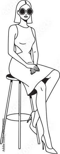 Lady Sitting on Stool Silhouette Elegant Woman Pose Vector Illustration