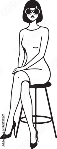 Lady Sitting on Stool Silhouette Elegant Woman Pose Vector Illustration