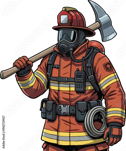 Firefighter in Protective Gear Holding Axe with Respirator and Hose Cartoon Illustration
