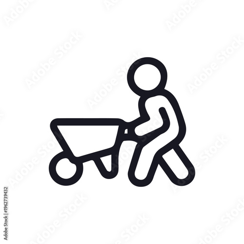 Minimalist Line Art Icon of a Person Pushing a Wheelbarrow for Work
