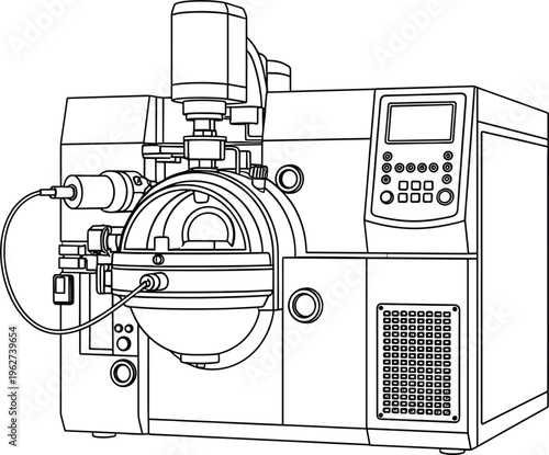 Vector Illustration of a Scientific Research Machine with Control Panel and Electrical Components for Technology, Industry, and Equipment Designs