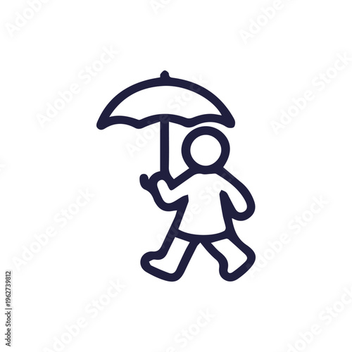 Modern Stick Figure Icon Walking In The Rain With An Open Umbrella