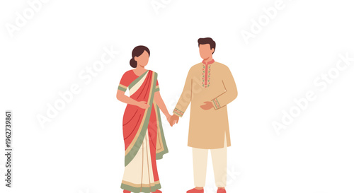 Contemporary flat vector illustration of a Bengali couple in a relaxed festive greeting pose with hands joined near the waist for Pohela Boishakh on pure white isolated background