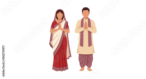 Symmetrical flat vector illustration of a Bengali couple facing forward in a formal namaste greeting pose for Pohela Boishakh with festive traditional clothing on white background
