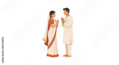 Minimal flat vector illustration of a Bengali couple in a semi profile namaste greeting pose with traditional festive clothing for Pohela Boishakh on white isolated background
