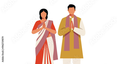 Bold flat vector illustration of a Bengali couple in a stylized festive greeting pose with simplified traditional clothing for Pohela Boishakh on white isolated background