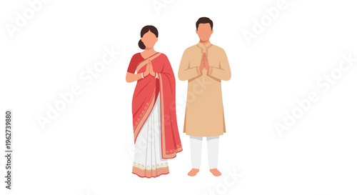 Refined flat vector illustration of a Bengali couple standing upright with calm joined hands in a graceful Pohela Boishakh greeting pose on a pure white background