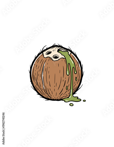 Cartoon Coconut Illustration with Green Slime Oozing Out