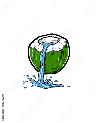 Hand-drawn Illustration of a Green Coconut with Water Splashing Out