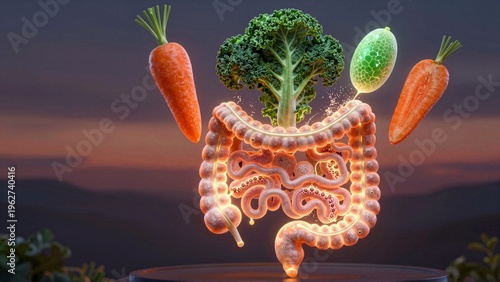 Glowing digestive system with vegetables against sunset