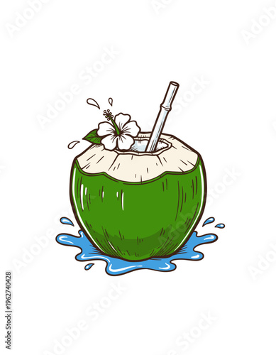 Quadro su tela Fresh Green Coconut Water Drink with Hibiscus Flower Illustration