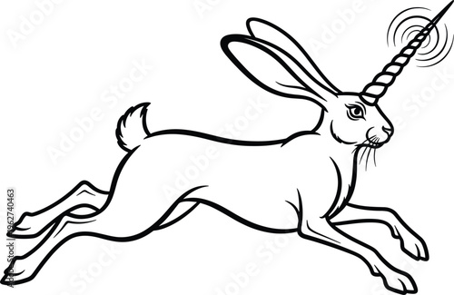 Whimsical Illustration of a Running Rabbit with a Unicorn Horn, Ideal for Fantasy, Mythical Creatures, and Animal-Themed Designs