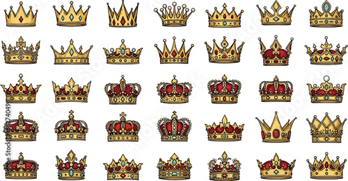 Royal crown vector collection with hand-drawn golden and jeweled designs, including king, queen, and medieval crowns, perfect for luxury, monarchy, fantasy, and regal illustration projects