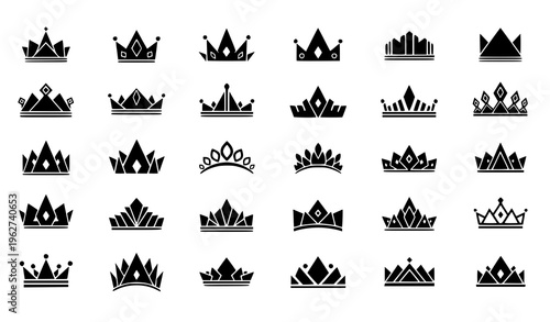 A collection of black crown icons on a white background