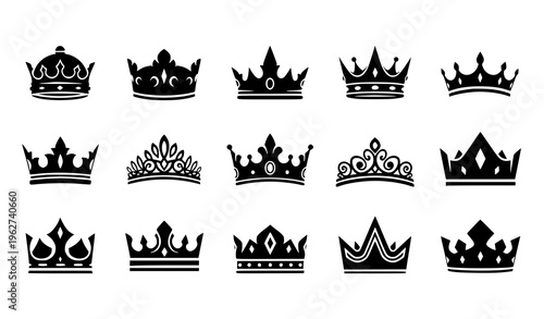 A set of black and white crown icons in various designs and styles