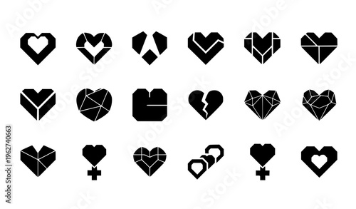 A set of black heart icons in various geometric designs and styles
