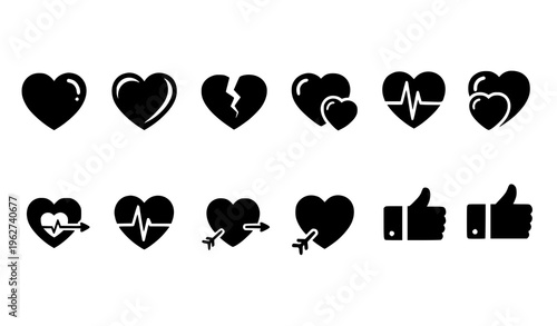 A set of black heart icons and symbols on a white background