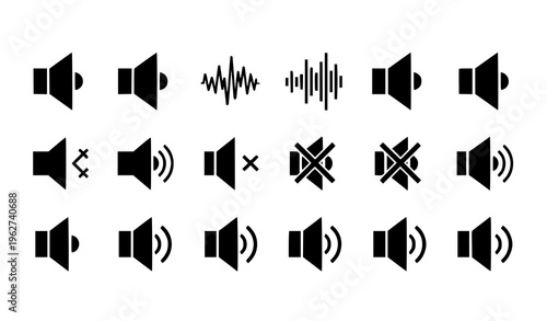 A set of black speaker icons and sound wave symbols on a white background
