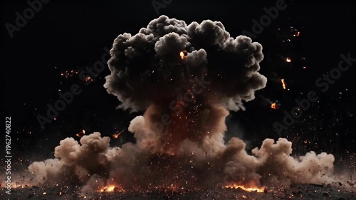 A massive, fiery explosion erupts in the darkness, spewing smoke and debris