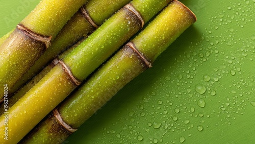 Fresh Sugarcane Stalks with Water Droplets