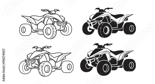 Set of four atv quad bike outlines and solid silhouettes isolated on white