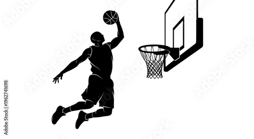 Silhouette of a basketball player performing a slam dunk against a white background
