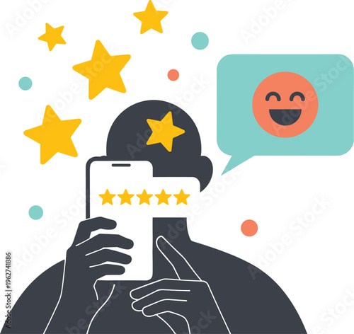 Positive Review and Rating Illustration Featuring 5-Star Rating, Happy User, and Smartphone for Customer Feedback, Reviews, and Social Media Designs