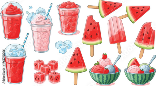 Refreshing Summer Desserts Illustrations Featuring Watermelon, Ice Cream, Smoothies, Popsicles, and Ice Cubes for Food and Beverage Designs