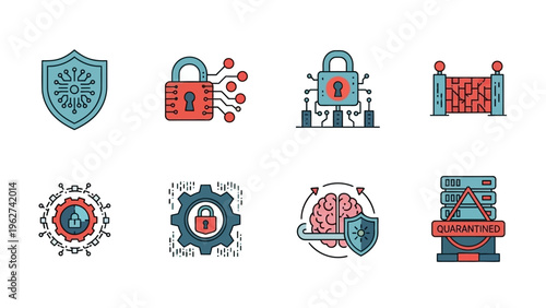 Cybersecurity Icons Representing Data Protection and Network Security.