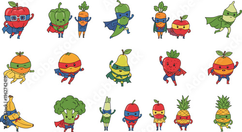 Cute superhero fruits and vegetables vector collection 