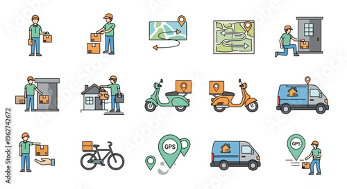 Delivery Service Icons Representing Logistics and Transportation.
