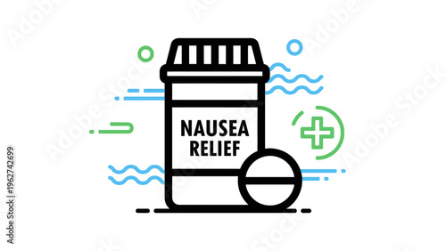 Nausea Relief medicine bottle and pill conceptual vector illustration.