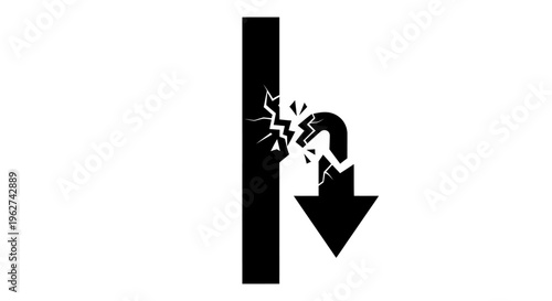 Broken arrow hitting a wall metaphor for failure and obstacles icon vector.