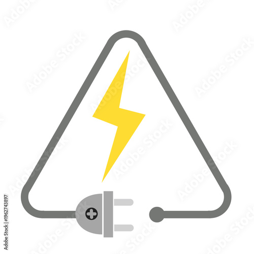 Electrical power connection symbol featuring yellow lightning bolt inside triangle frame with plug and socket wire outline