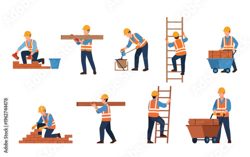 Construction workers in safety gear performing tasks.