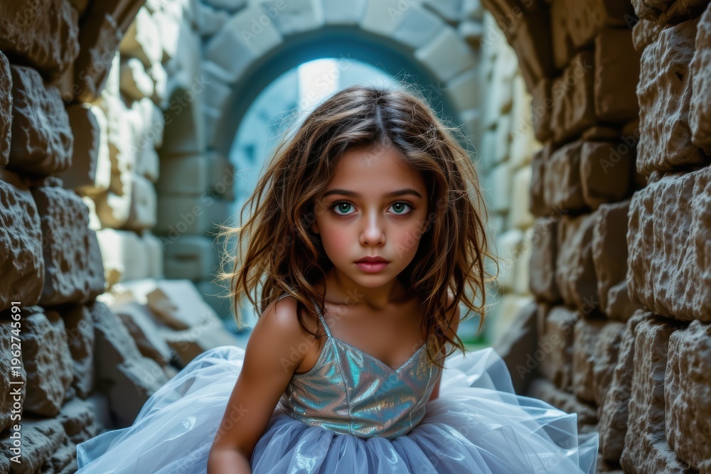 Fototapeta premium Young Girl in Iridescent Gown Hiding Amongst Sunken Ship Ruins, Anticipating Mermaid Encounter
