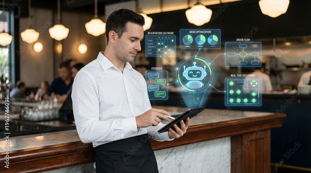 Fototapeta premium Restaurant manager using tablet with AI holographic management system