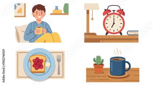 Illustrations depicting a cozy morning routine with a person in bed, an alarm clock, toast with jam, and a hot beverage.
