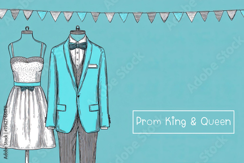 Illustration of prom attire featuring a dress and tuxedo with a banner and 